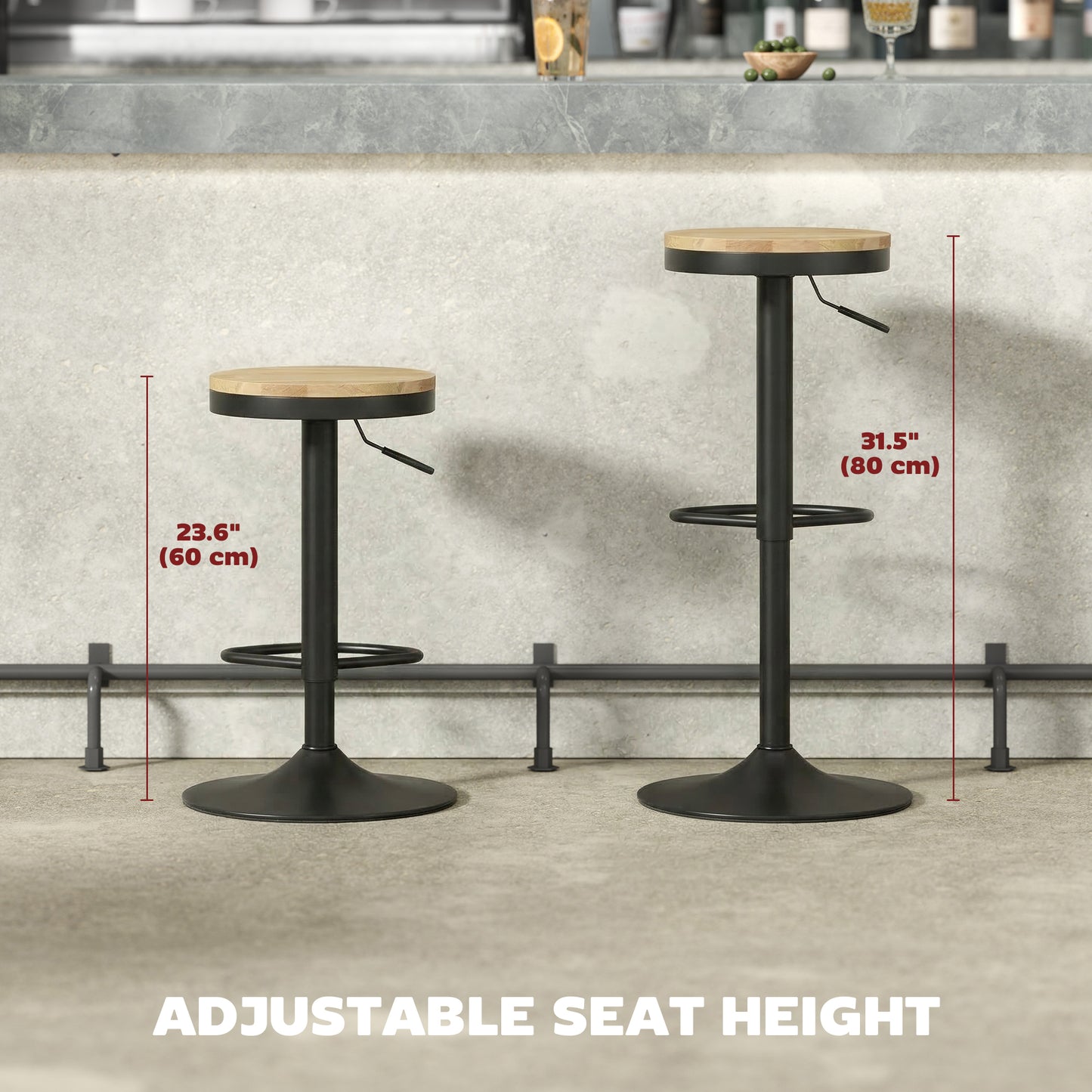 Wood Barstools Set of 2, Swivel Bar Stools with Adjustable Height for Kitchen Counter, Natural Wood and Black