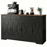 Sideboard Buffet Cabinet, 55" Farmhouse Kitchen Cabinet with 4 Barn Doors, 3 Drawers, 3 Adjustable Shelves, Black
