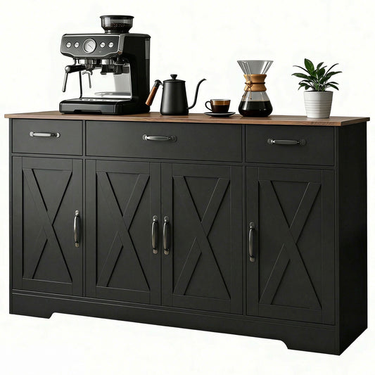 Sideboard Buffet Cabinet, 55" Farmhouse Kitchen Cabinet with 4 Barn Doors, 3 Drawers, 3 Adjustable Shelves, Black