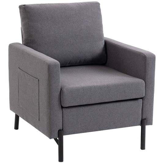 Accent Chair Modern Upholstered Armchair with Side Pockets and Cushion for Bedroom, Living Room, Dark Grey