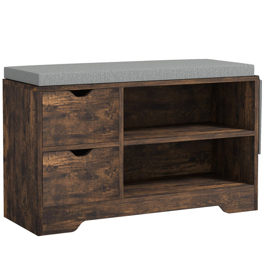 Upholstered Shoe Storage Bench w/ Seat, Entrance Bench w/ Drawer Open Shelves and Pocket for Hallway, Rustic Brown