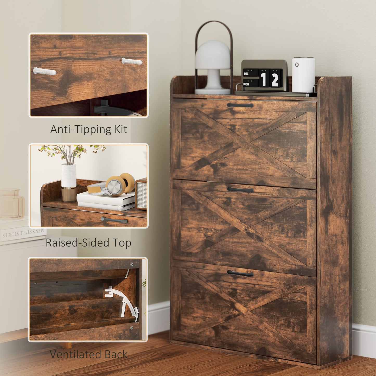 Narrow Shoe Storage Cabinet Farmhouse Shoe Cabinet with 3 Flip Drawers Adjustable Shelves for Entryway Rustic Brown