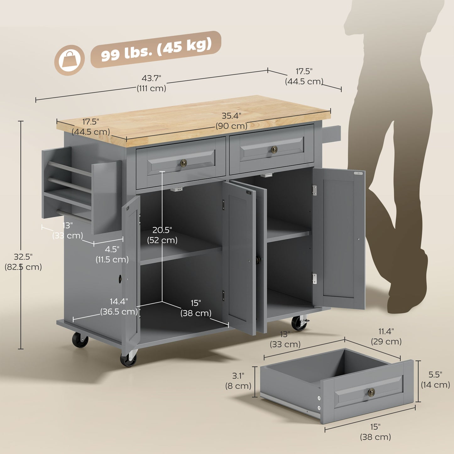 Kitchen Island with Storage, Rolling Trolley Cart with Rubber Wood Top, Spice Rack, Towel Rack, 2 Locking Brakes,Grey