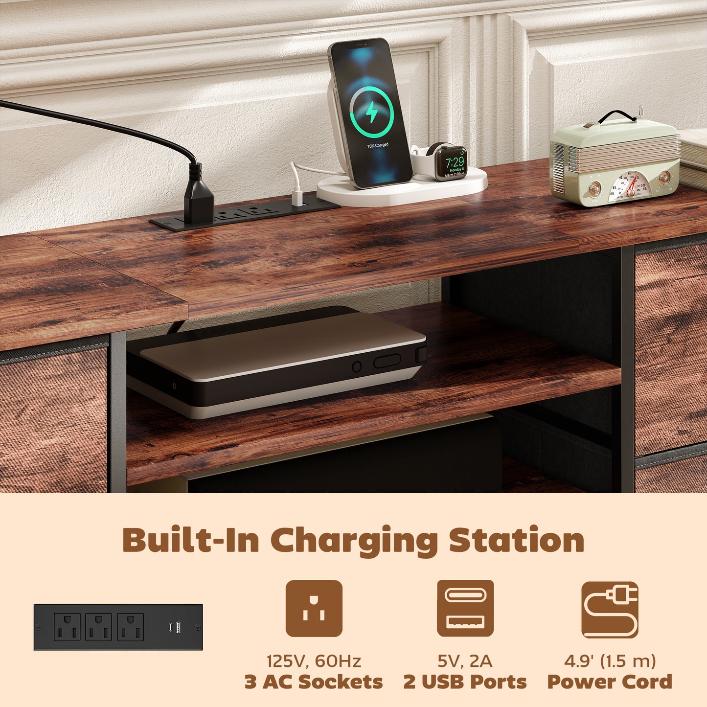 TV Stand for TVs up to 70 Inch, Industrial TV Console with Charging Station, 5 Drawers and Open Shelves, Rustic Brown