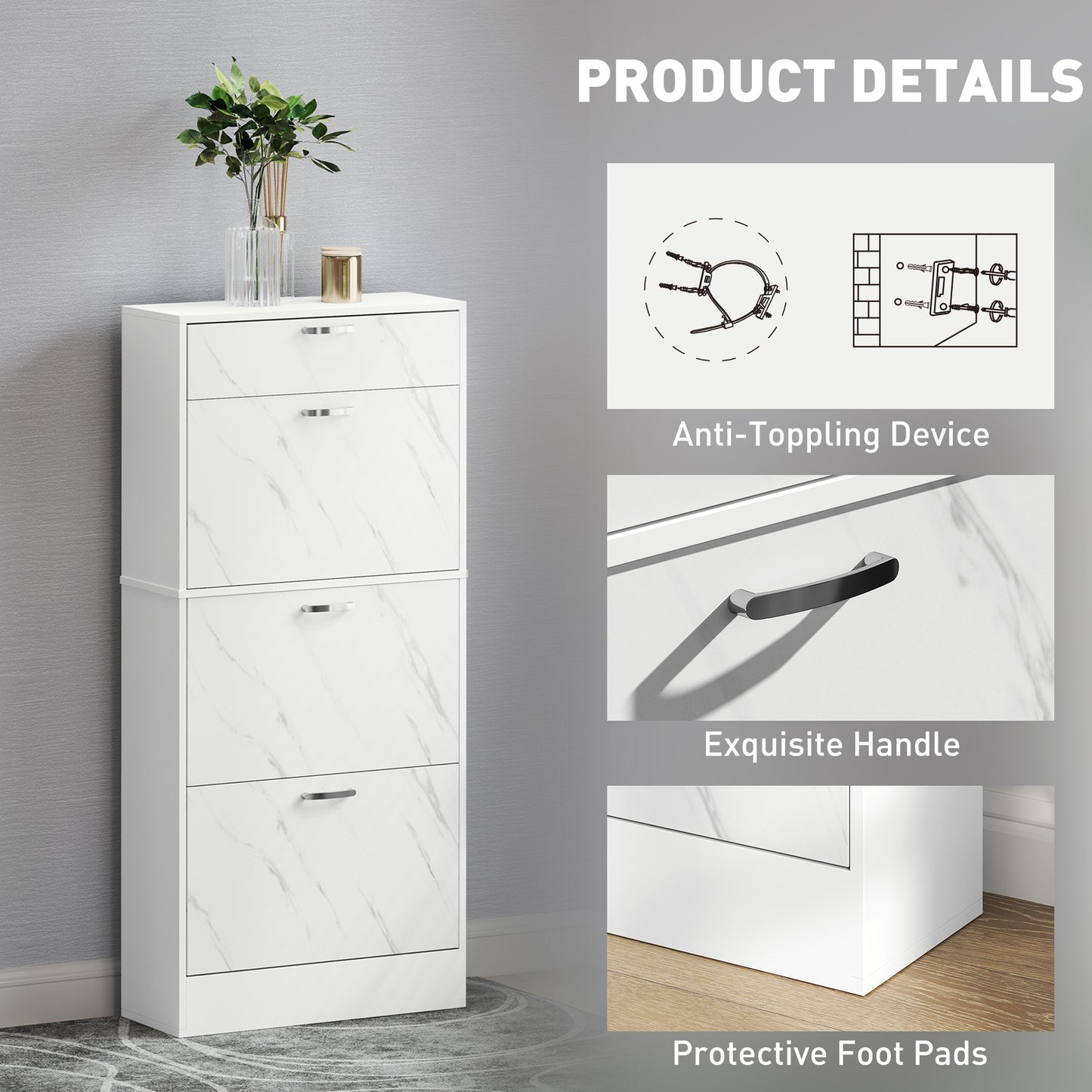 3 Flip Drawer Shoe Cabinet, Marble-Effect Narrow Shoe Storage Cabinet with Top Drawer and Adjustable Shelves, White