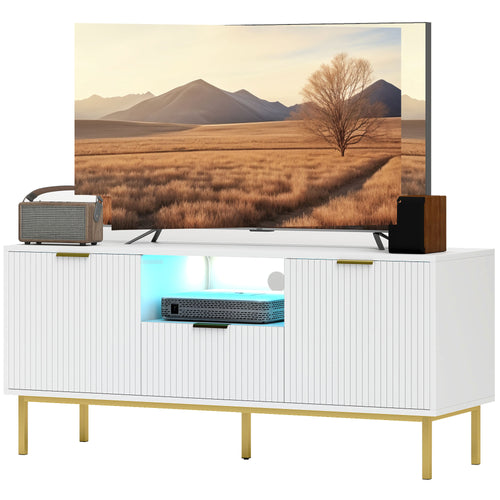 Modern TV Console for TVs up to 50 Inch, Entertainment Center with Smart RGB LED Lights and Soft Close Doors, White