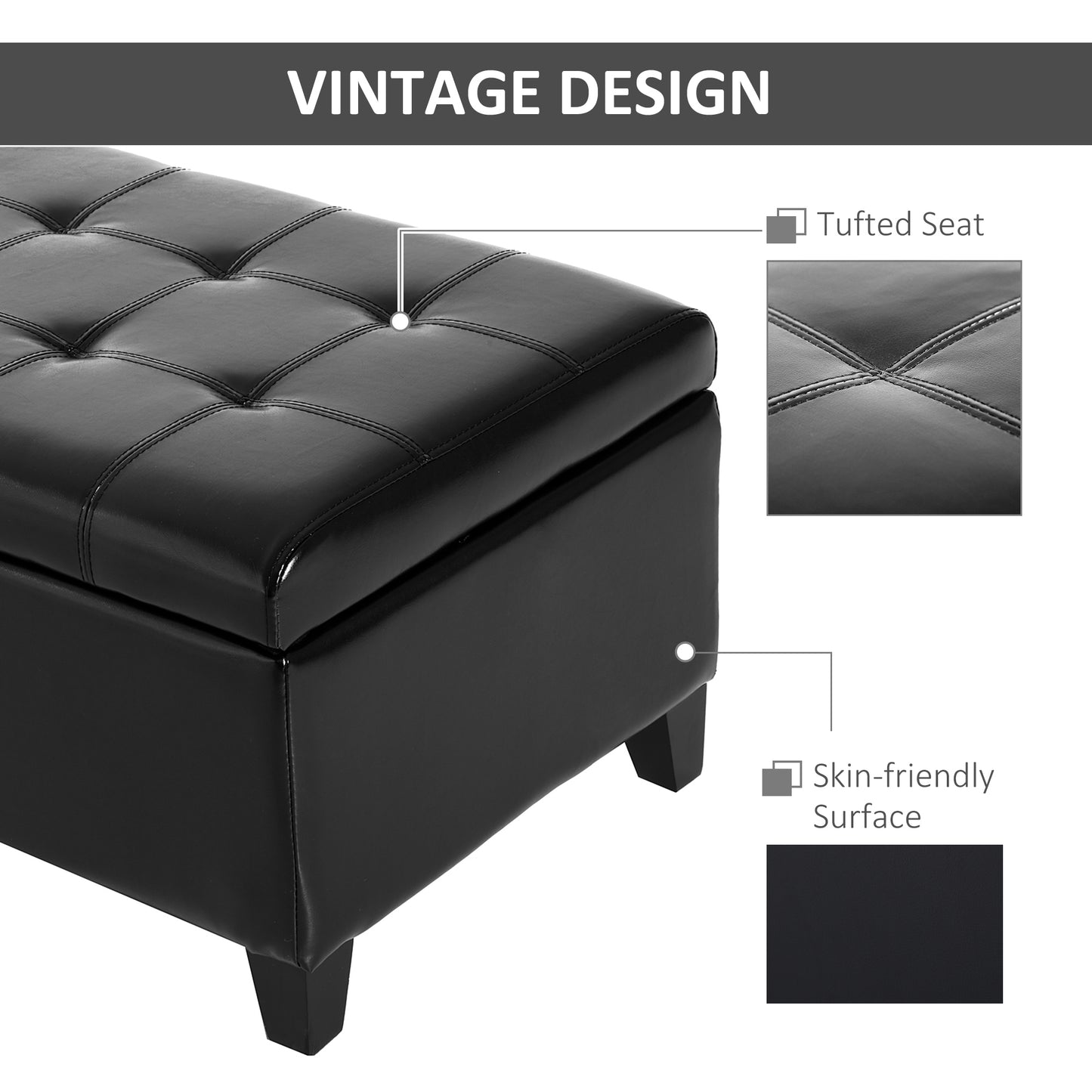 Storage Ottoman Bench, Foot Rest with Solid Wood Legs, 51 Inches PU Leather Storage Chest for Living Room, Black
