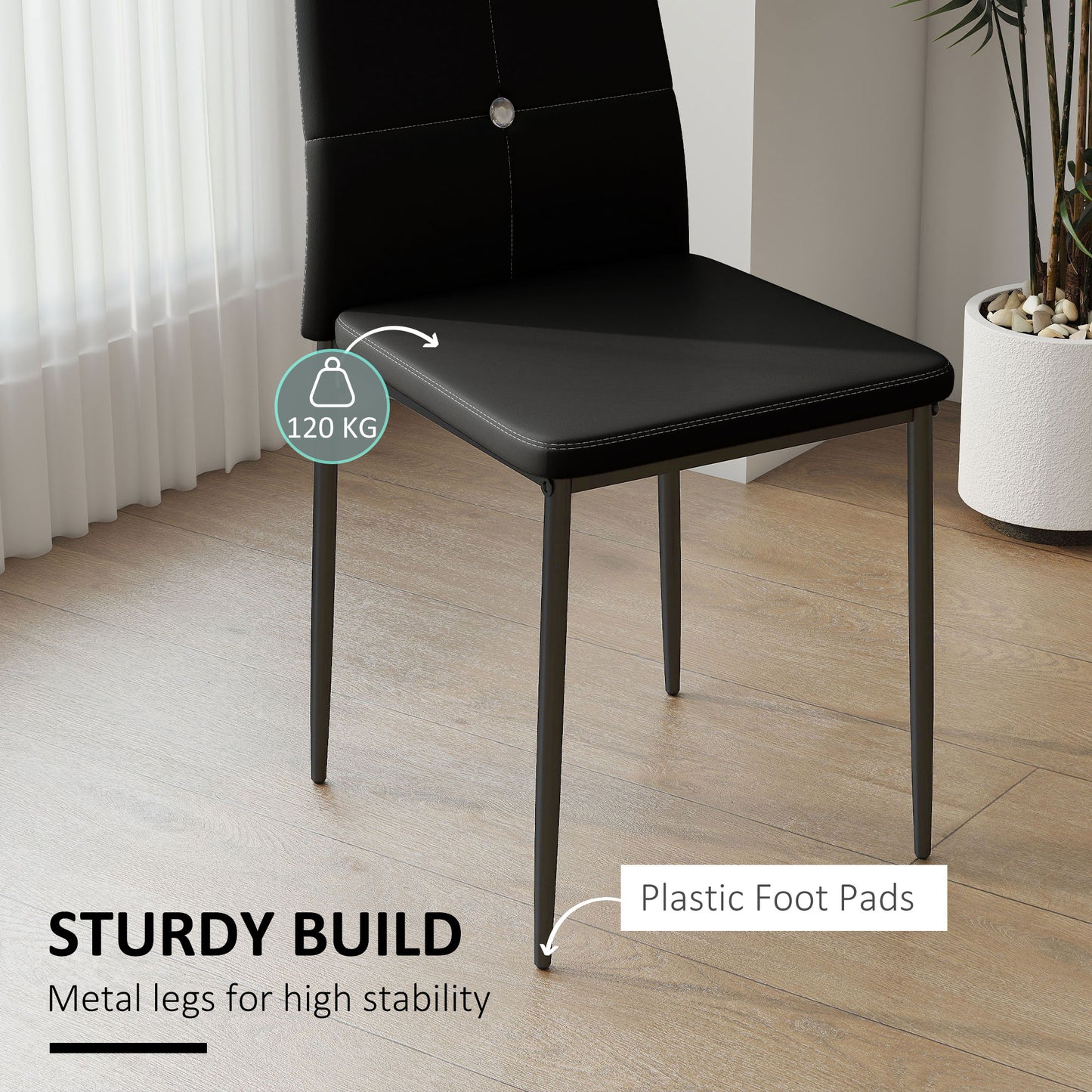Set of 6 Button Tufted Back Side Chairs with Upholstered Seat, Steel Legs for Living Room, Kitchen, Bedroom, Black