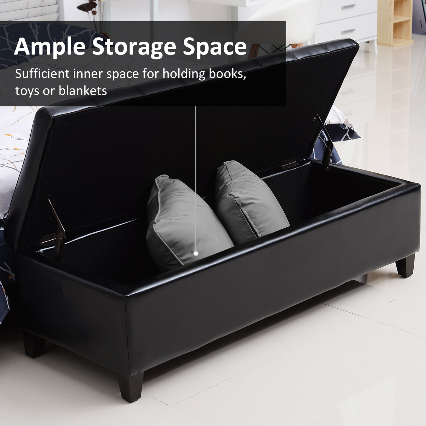 Storage Ottoman Bench, Foot Rest with Solid Wood Legs, 51 Inches PU Leather Storage Chest for Living Room, Black