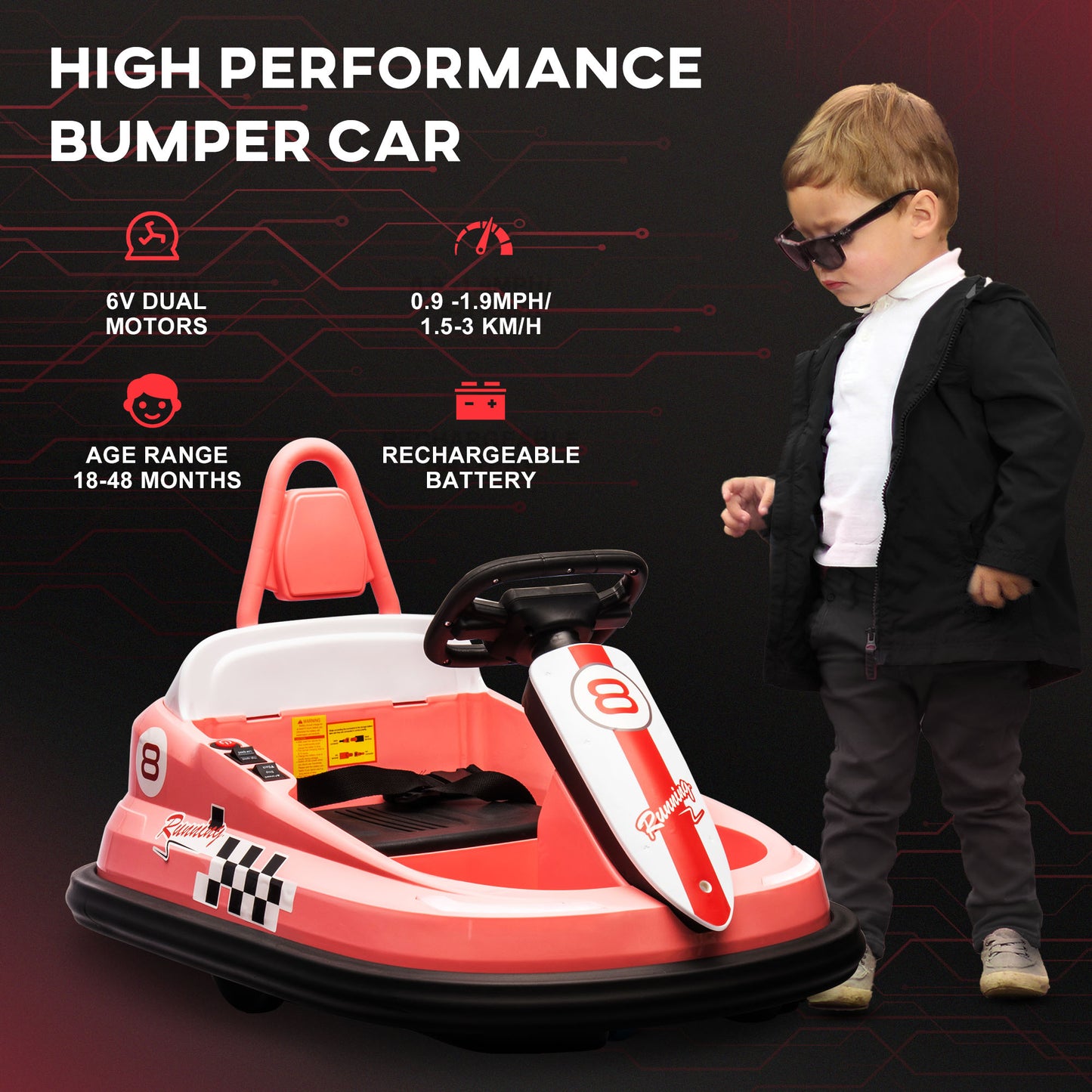Aosom Kids Bumper Car, 6V 360° Rotation Electric Ride on Car, Twin Motors Battery Powered Toy with Music, Horn and Lights, Safety Belt, for Boys and Girls Aged 18-48 Months - Pink