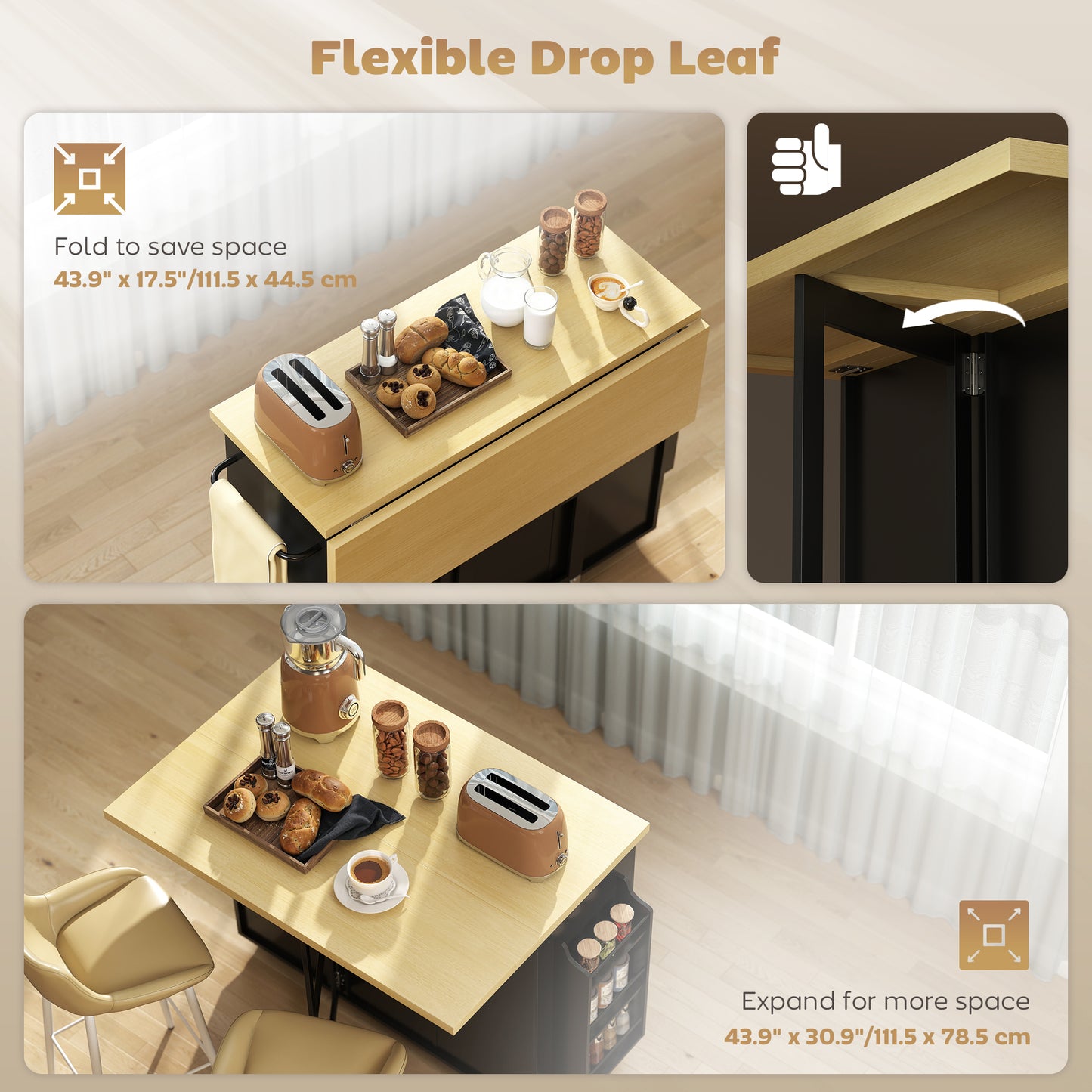 Kitchen Island Cart, Rolling Kitchen Island Table with Drop Leaf, Drawer, Spice and Towel Rack, Black