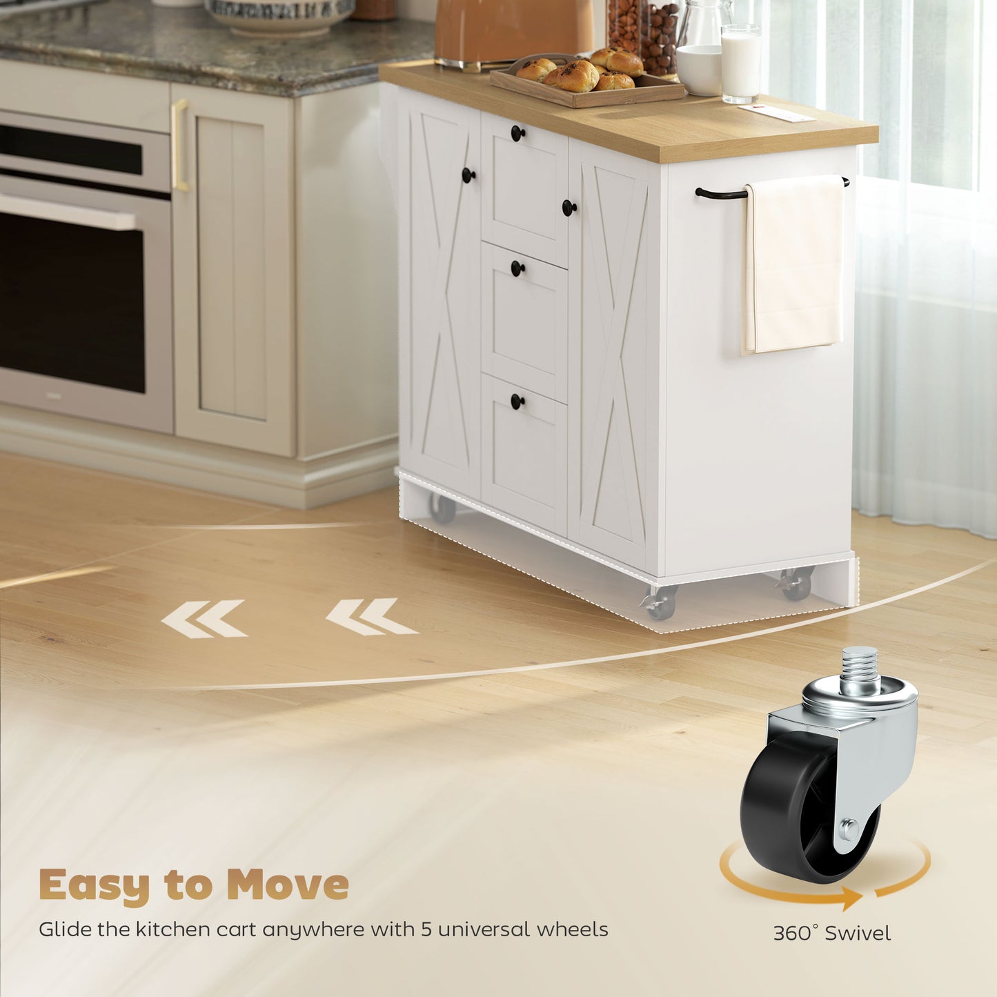 Farmhouse Kitchen Island Cart with Power Outlet and Soft-Close Doors, 49" Kitchen Island with 3 Drawers, White