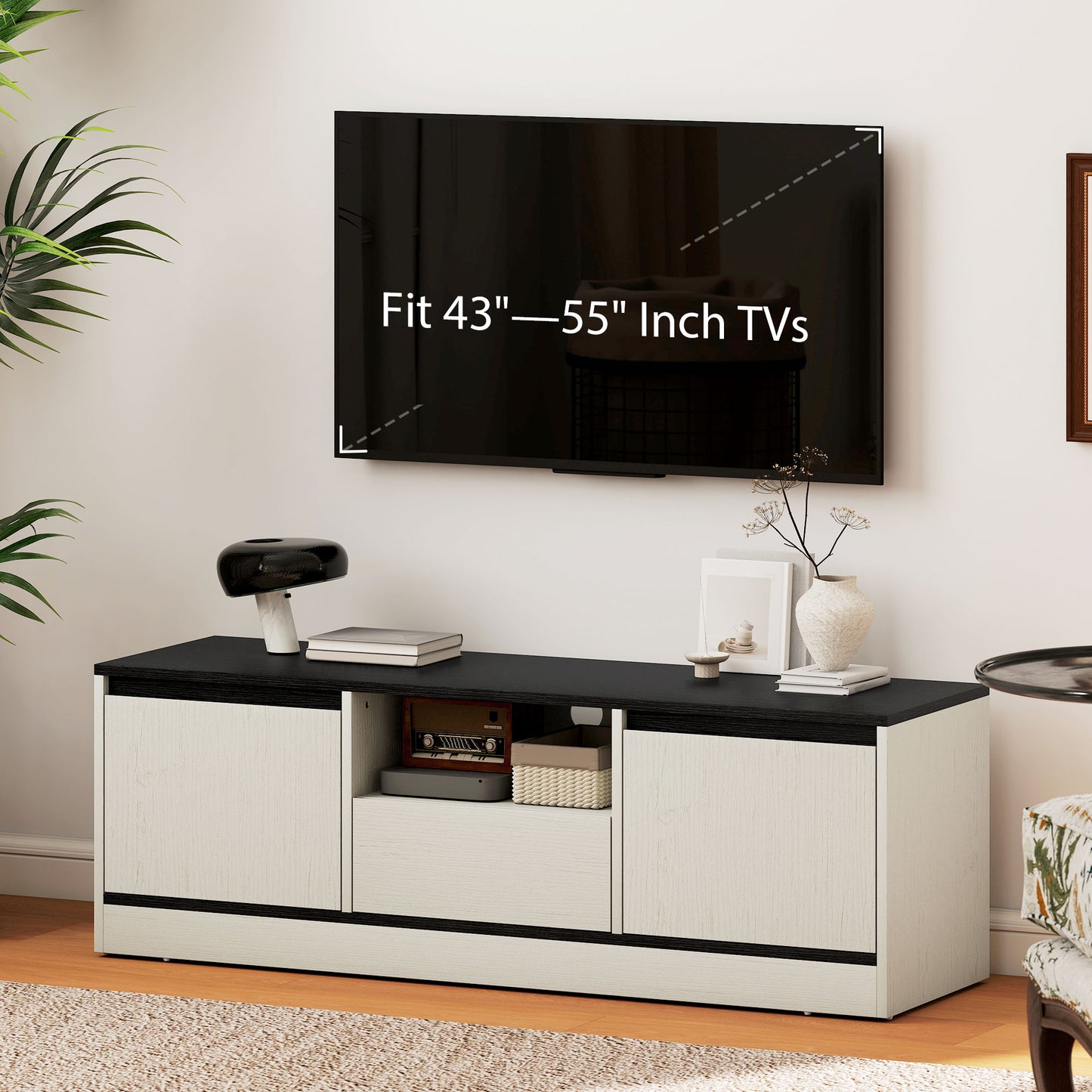 TV Stand for 43-55 Inch TV,  Entertainment Center w/ Cabinets, Shelf, Drawer and Cable Management for Living Room, White