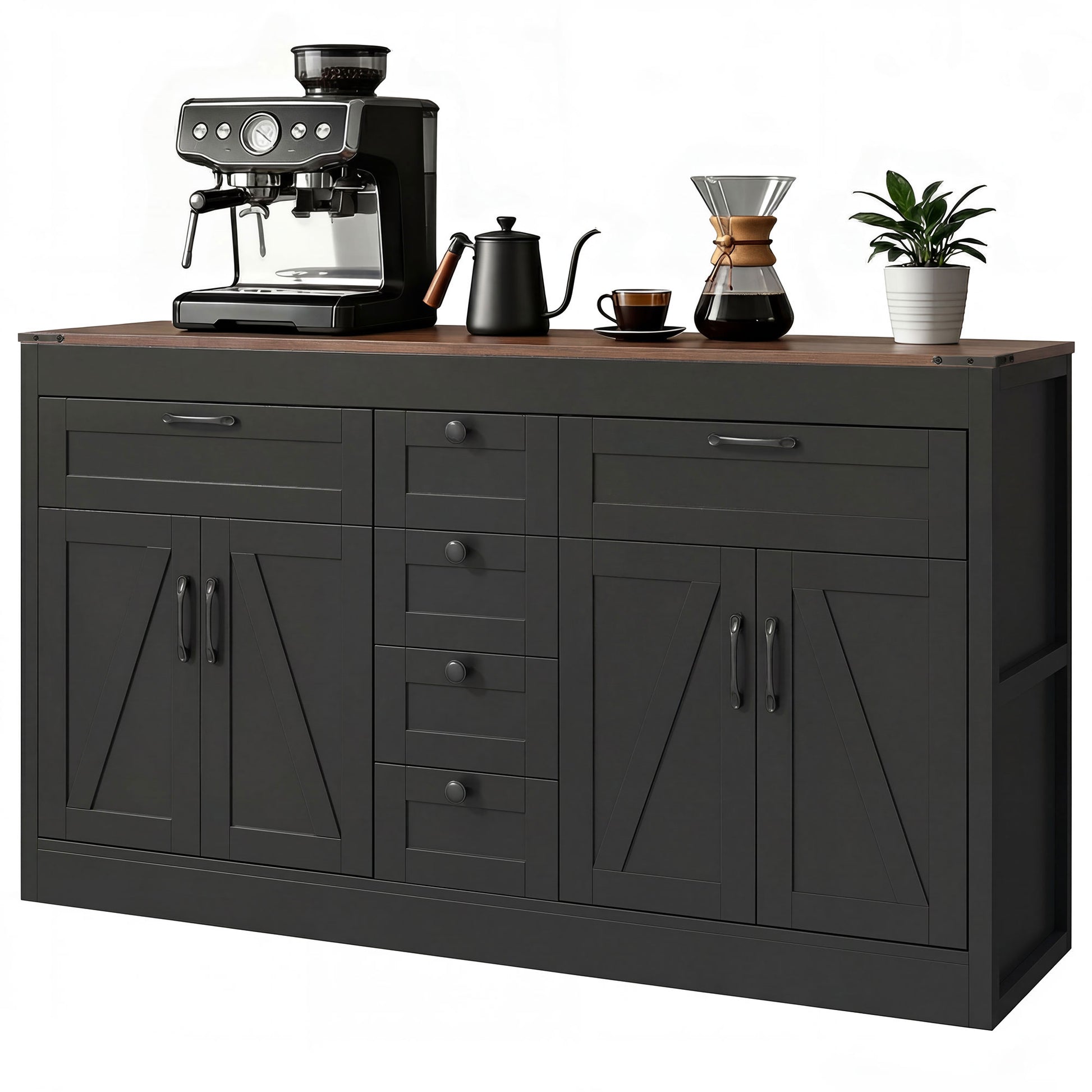 Sideboard Buffet Cabinet, 55" Farmhouse Kitchen Cabinet with 4 Barn Doors, 6 Drawers and 2 Adjustable Shelves, Black