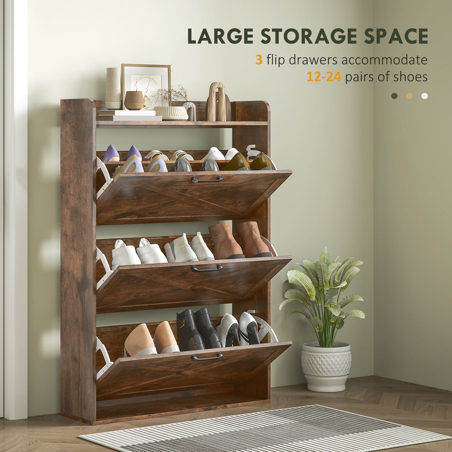 Narrow Shoe Storage Cabinet Farmhouse Shoe Cabinet with 3 Flip Drawers Adjustable Shelves for Entryway Rustic Brown