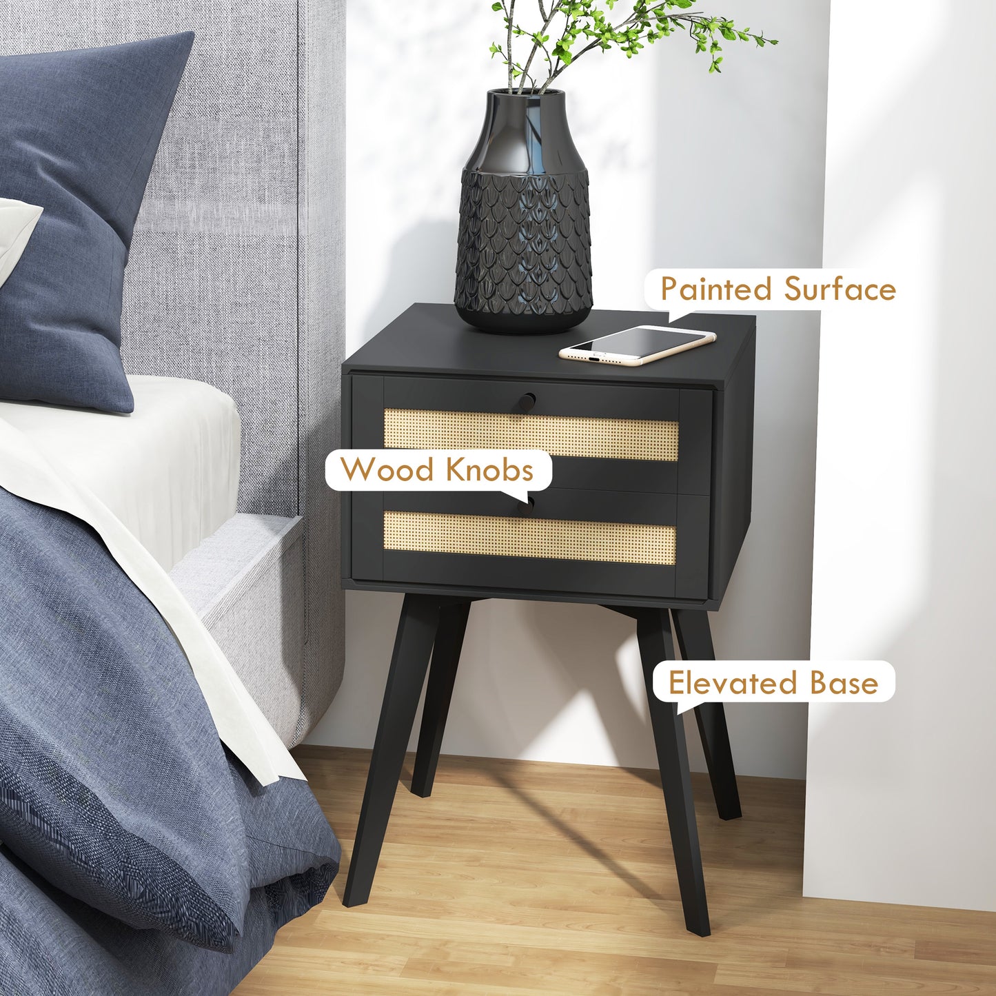 Boho Night Stands Set of 2, Bedside Tables with 2 Rattan Drawers, Square End Tables for Bedroom, Living Room