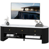 TV Stand, Modern TV Table with Marble-Effect Top, 3 Drawers and 2 Open Shelves for 32-65 Inch Television, Black