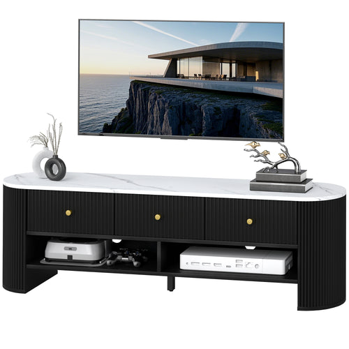 TV Stand, Modern TV Table with Marble-Effect Top, 3 Drawers and 2 Open Shelves for 32-65 Inch Television, Black