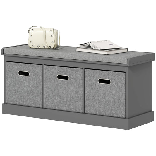 Shoe Storage Bench with Seat, Entryway Bench Seat with Cushion, 3 Fabric Drawers for Hallway, Grey