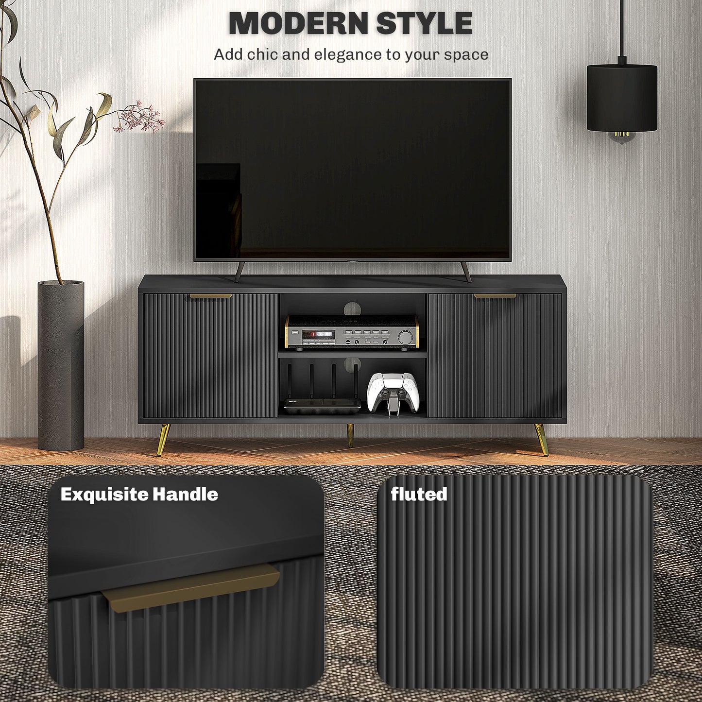 TV Stand with Storage for 55 Inch TV, Modern TV Cabinet with 2 Open Shelves and 2 Cabinets for Living Room, Black