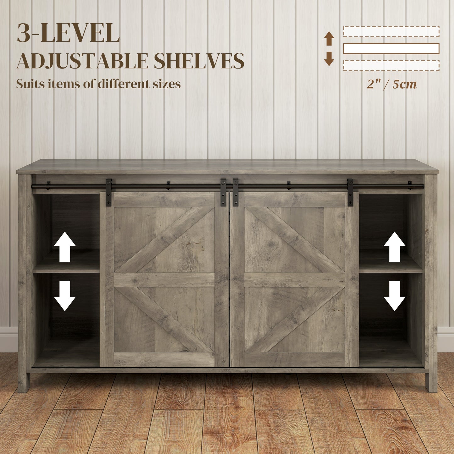 60" Buffet Cabinet, Farmhouse Sideboard with Sliding Barn Doors, Drawers and Adjustable Shelves, Distressed Light Grey