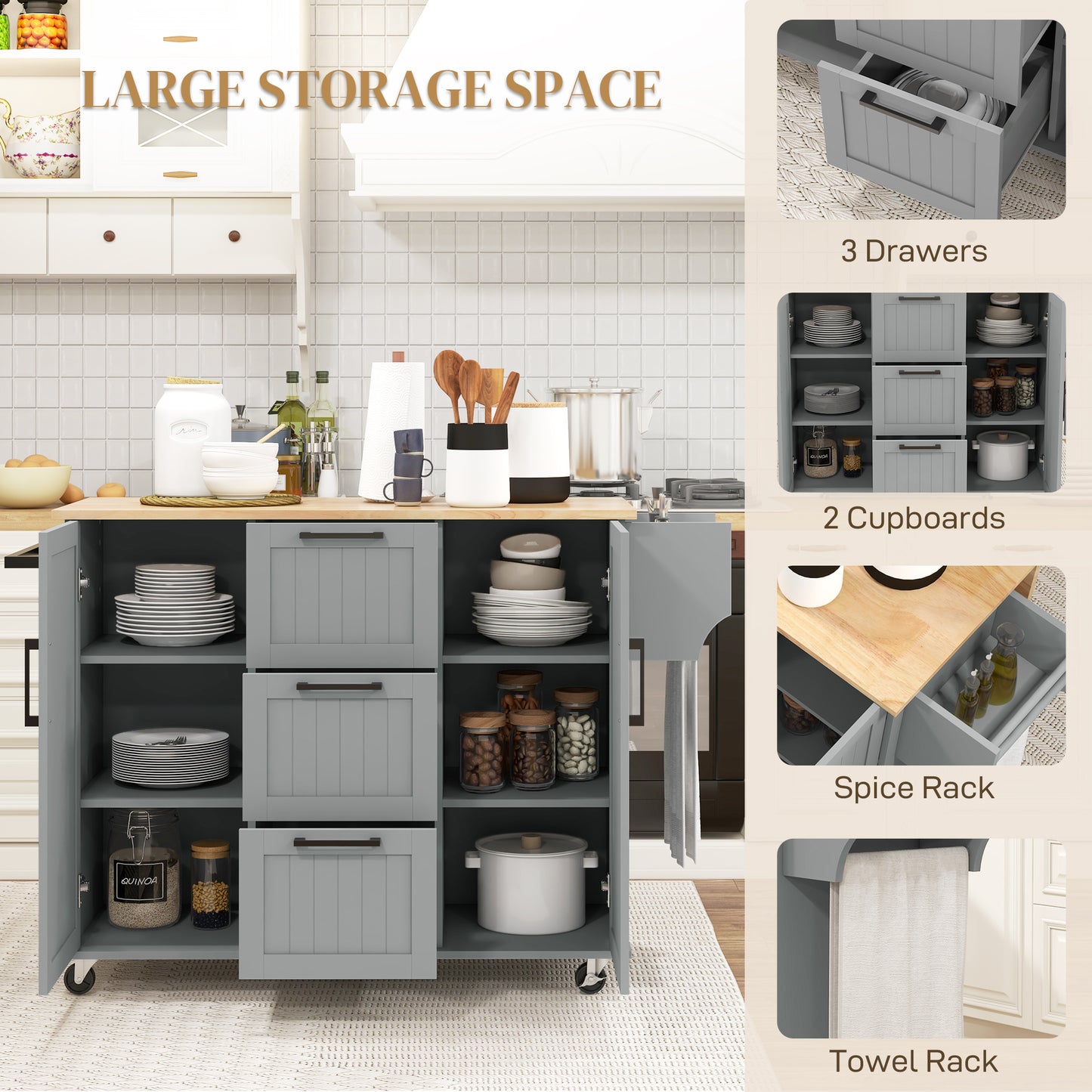 Rolling Kitchen Cart on Wheels with Drop Leaf, Kitchen Island with 3 Drawers, Solid Wood Top and Towel Rack, Grey