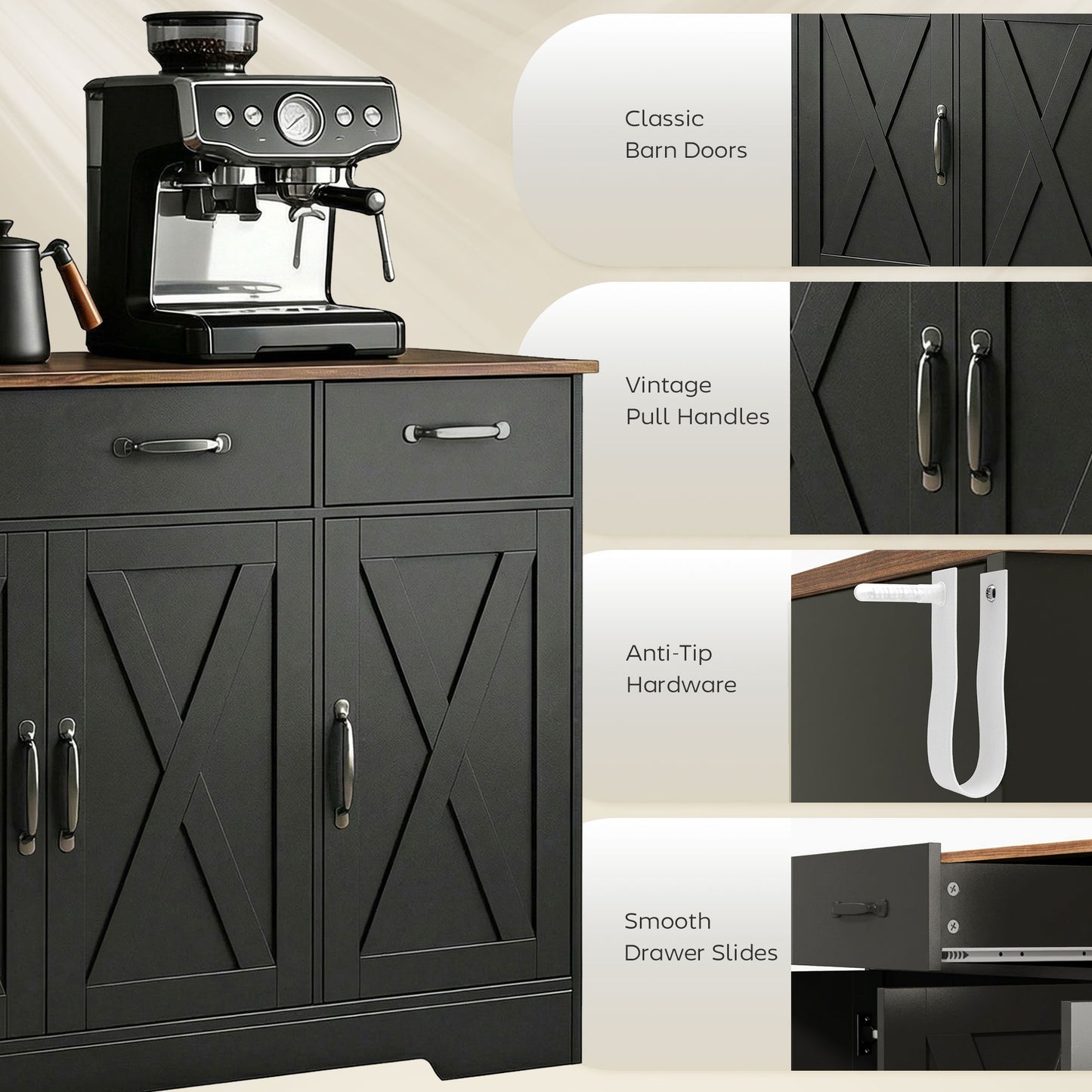 Sideboard Buffet Cabinet, 43" Farmhouse Kitchen Cabinet with 3 Barn Doors, 2 Drawers, 2 Adjustable Shelves, Black
