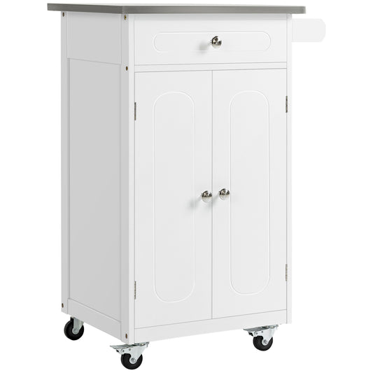 Kitchen Cart, Small Kitchen Island, Stainless Steel Top Utility Trolley on Wheels with Storage Drawer for Dining Room, Kitchen (White)