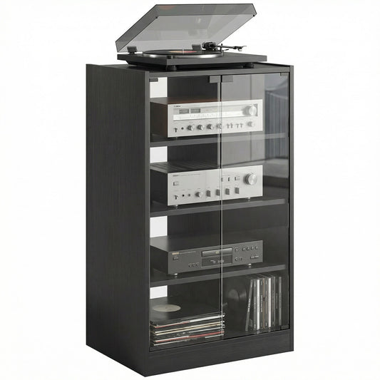 5-Tier AV Media Stand with Push to Open Glass Doors, Audio-Video Storage Cabinet with Adjustable Shelves for DVD Players, Games Consoles, Routers, Distressed Black