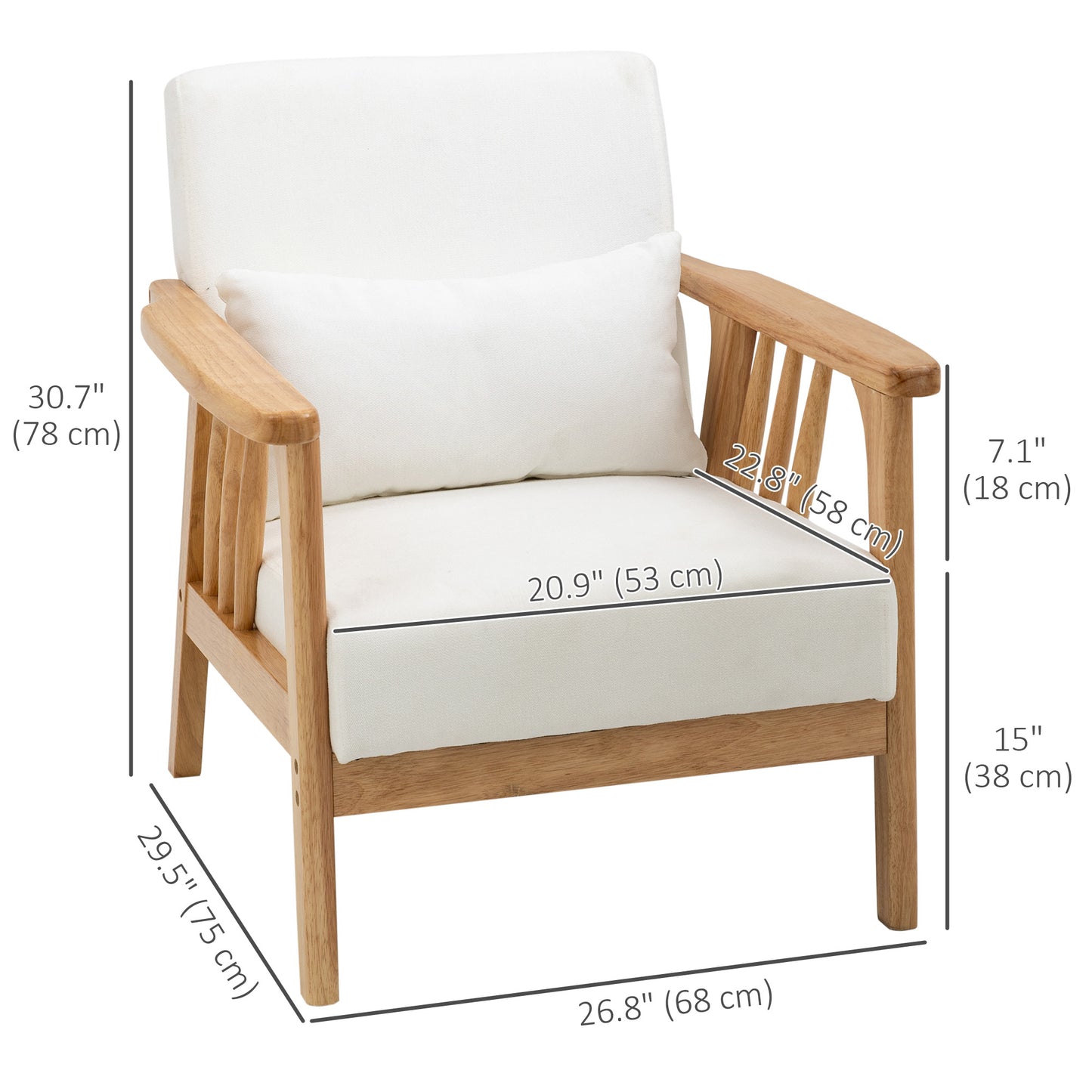 Armchair Upholstered Lounge Chair with Rubber Wood Frame Throw Pillows and Comfortable Cushion, White