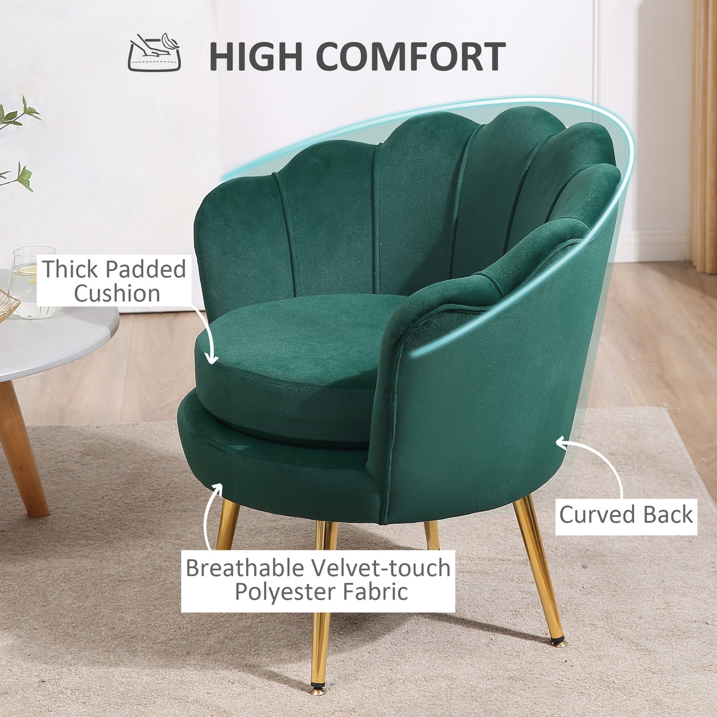 Modern Accent Chair, Velvet-Touch Fabric Leisure Club Chair with Gold Metal Legs for Bedroom, Dark Green