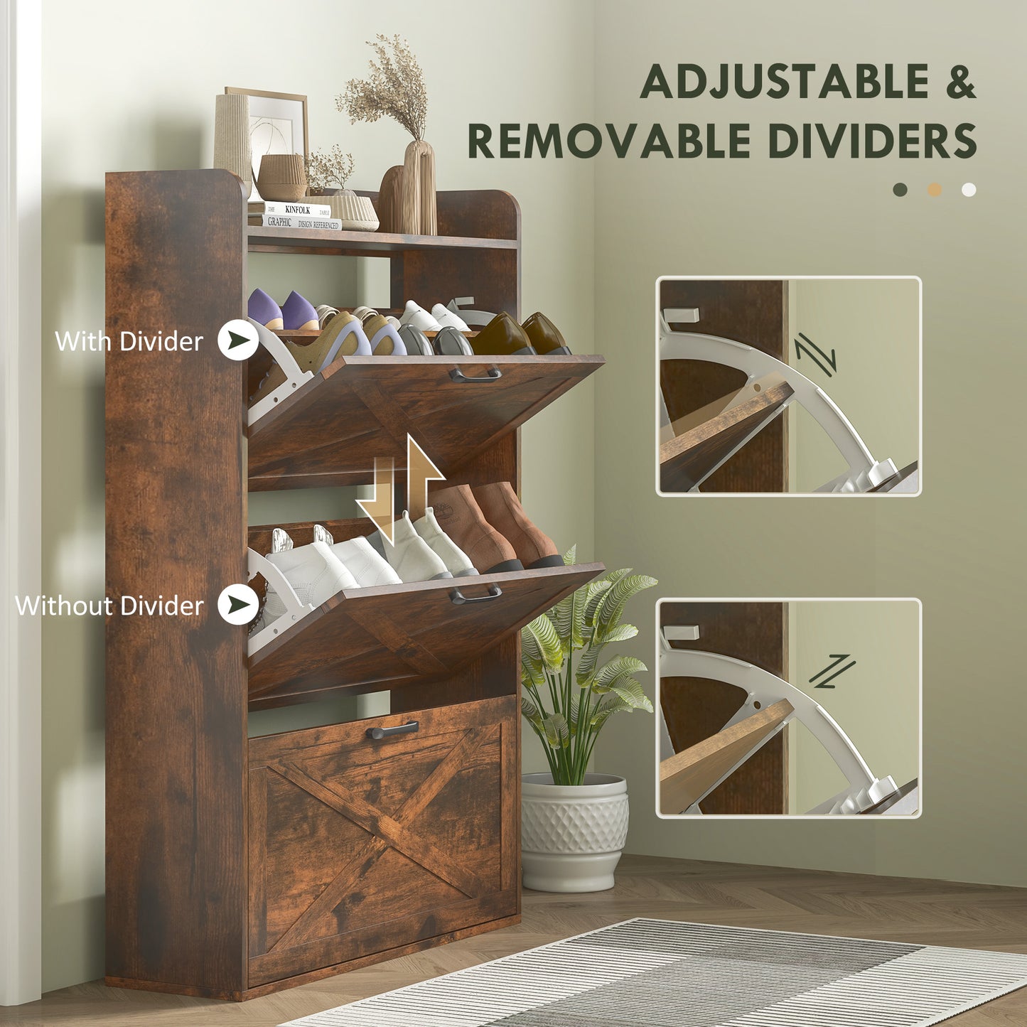 Narrow Shoe Storage Cabinet Farmhouse Shoe Cabinet with 3 Flip Drawers Adjustable Shelves for Entryway Rustic Brown