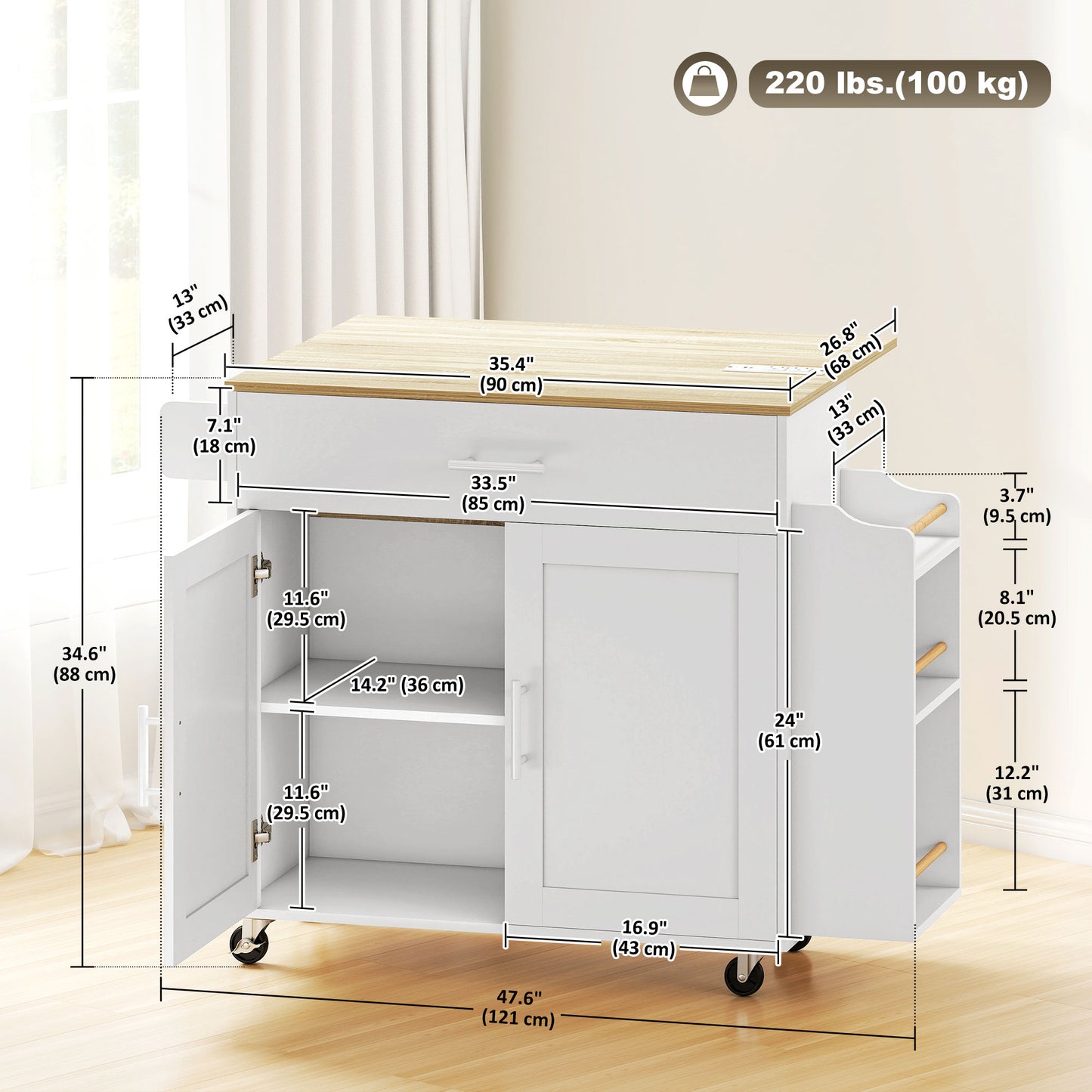 Kitchen Island with Storage, Rolling Kitchen Cart with Foldable Drop Leaf, Power Outlet and USB Ports, White
