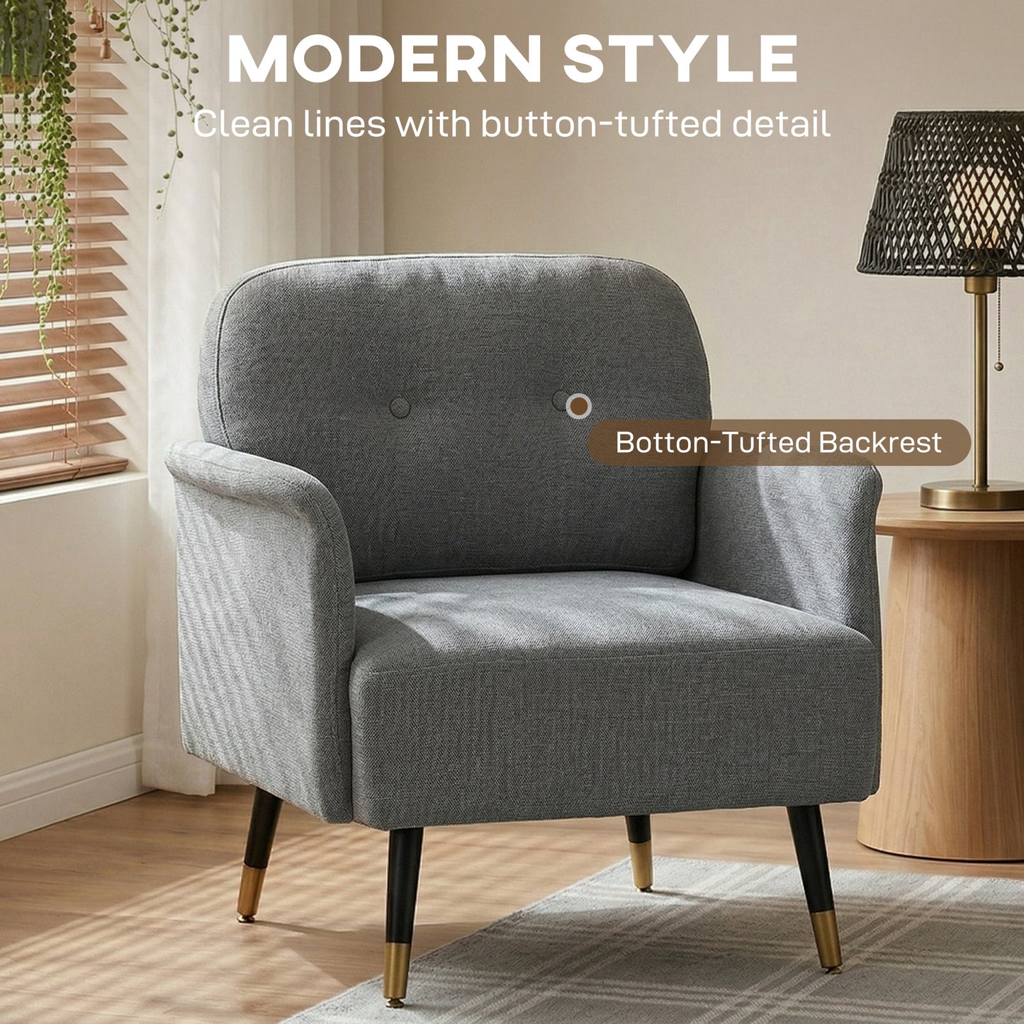 Accent Chair Modern Tufted with Metal Legs Upholstered Reading Armchair for Living Room Grey