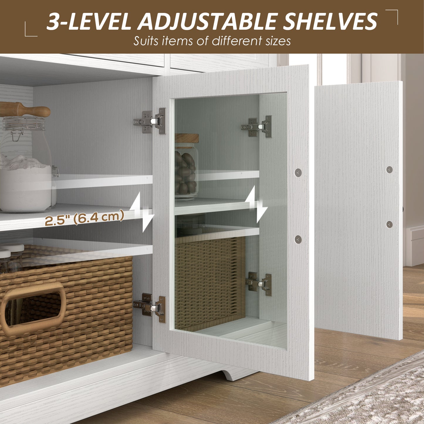Sideboard Buffet Cabinet with Storage, Coffee Bar Cabinet with Glass Doors and Adjustable Shelves, Distressed White