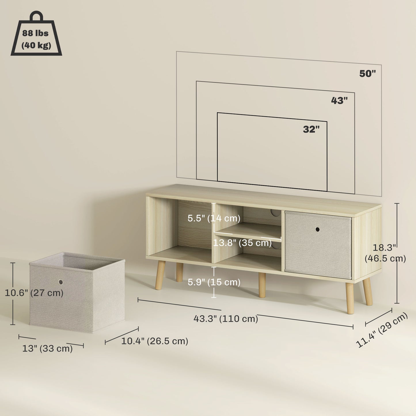 Modern TV Stand Cabinet with Foldable Drawers and Shelves for Living Room, Bedroom, Natural