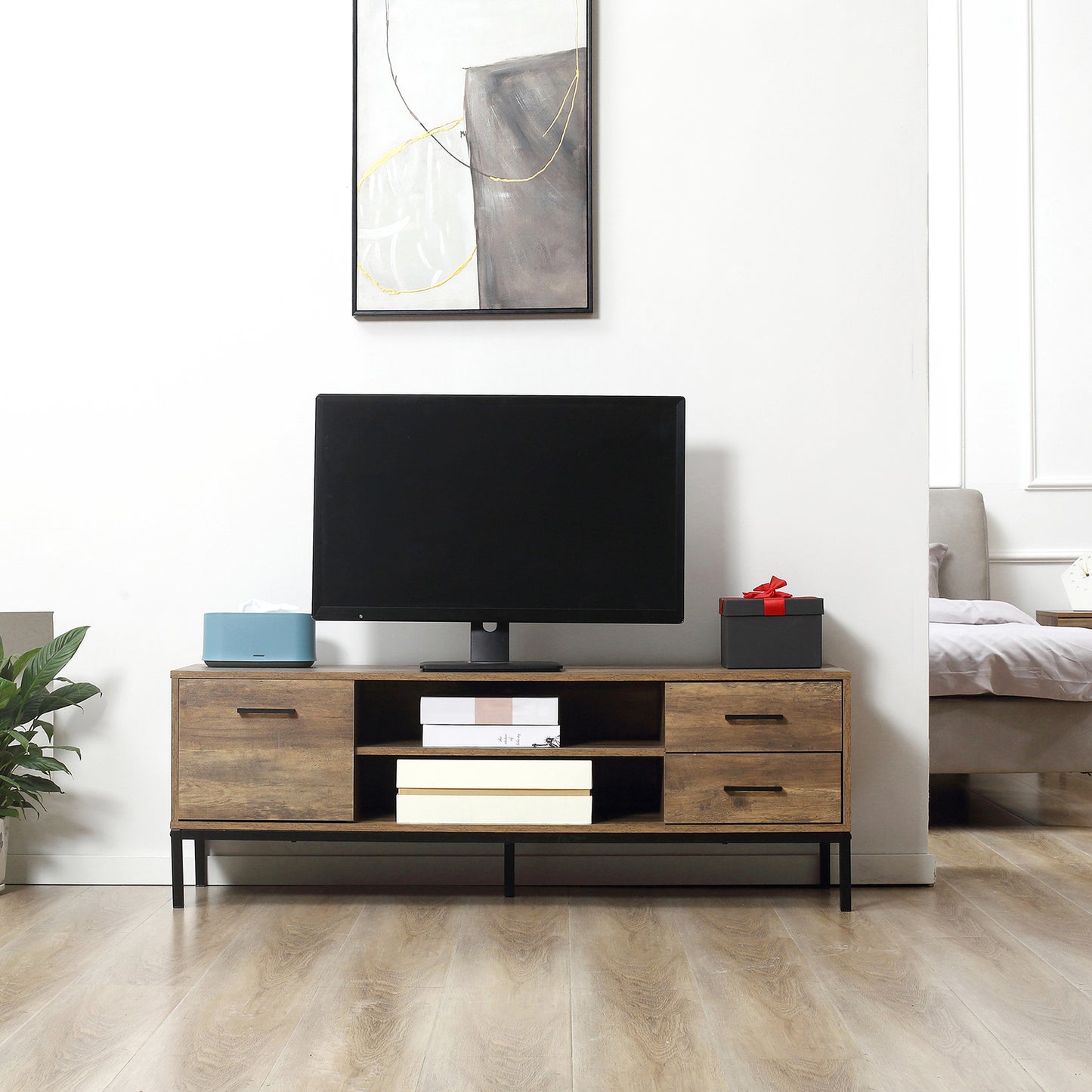 TV Stand for TV up to 50 Inches, TV Cabinet with Door, Open Storage and Drawers, TV Table with Steel Legs, Coffee
