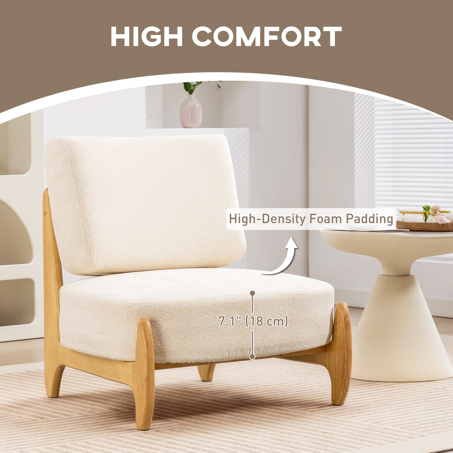 Accent Chair with Rubber Wood Frame, Wide Seat, Modern Chenille Bedroom Chair with Thick Cushion, Cream White