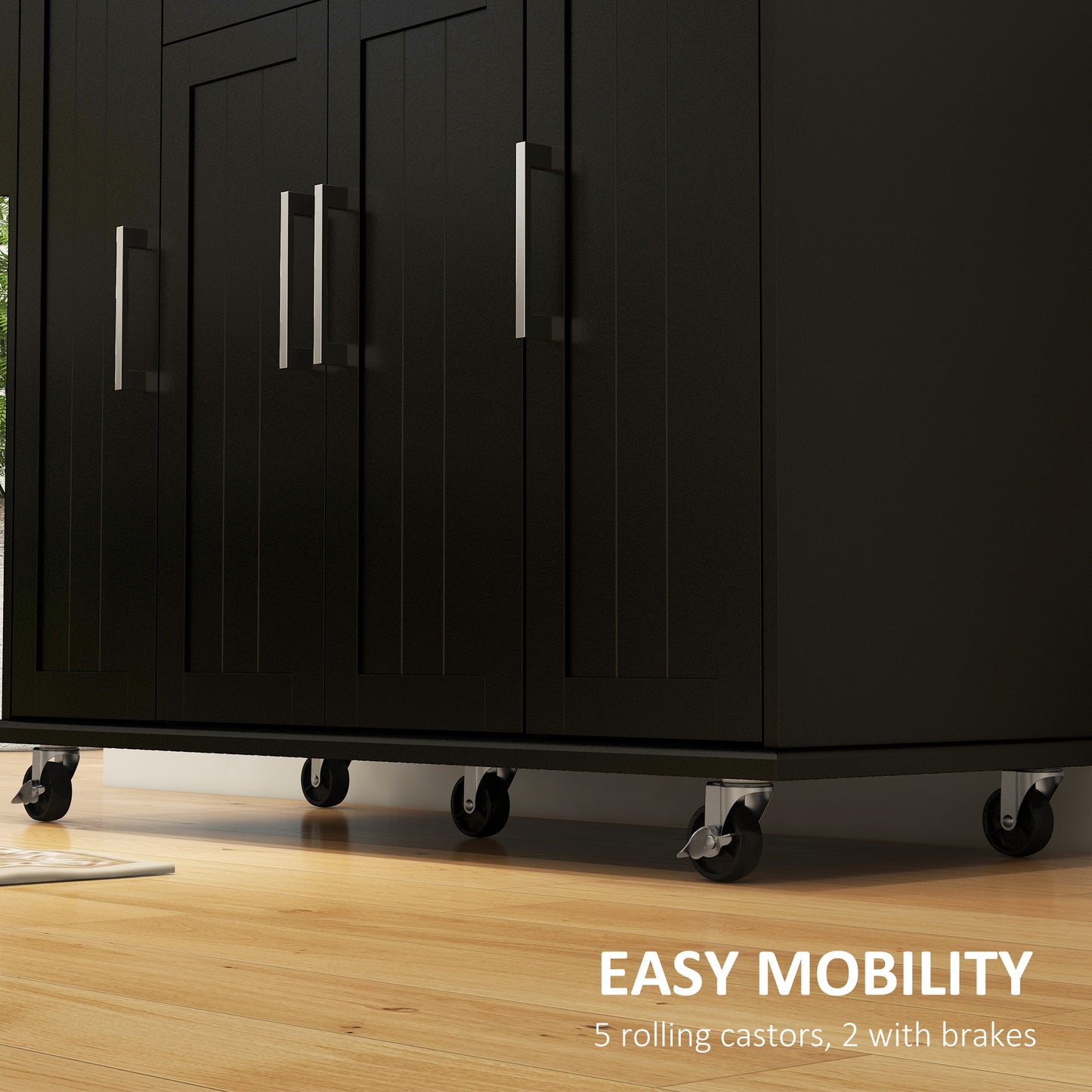 Modern Rolling Kitchen Island Cart with Drawers, Natural Wood Top, Towel Rack, Door Storage Cabinet, Black