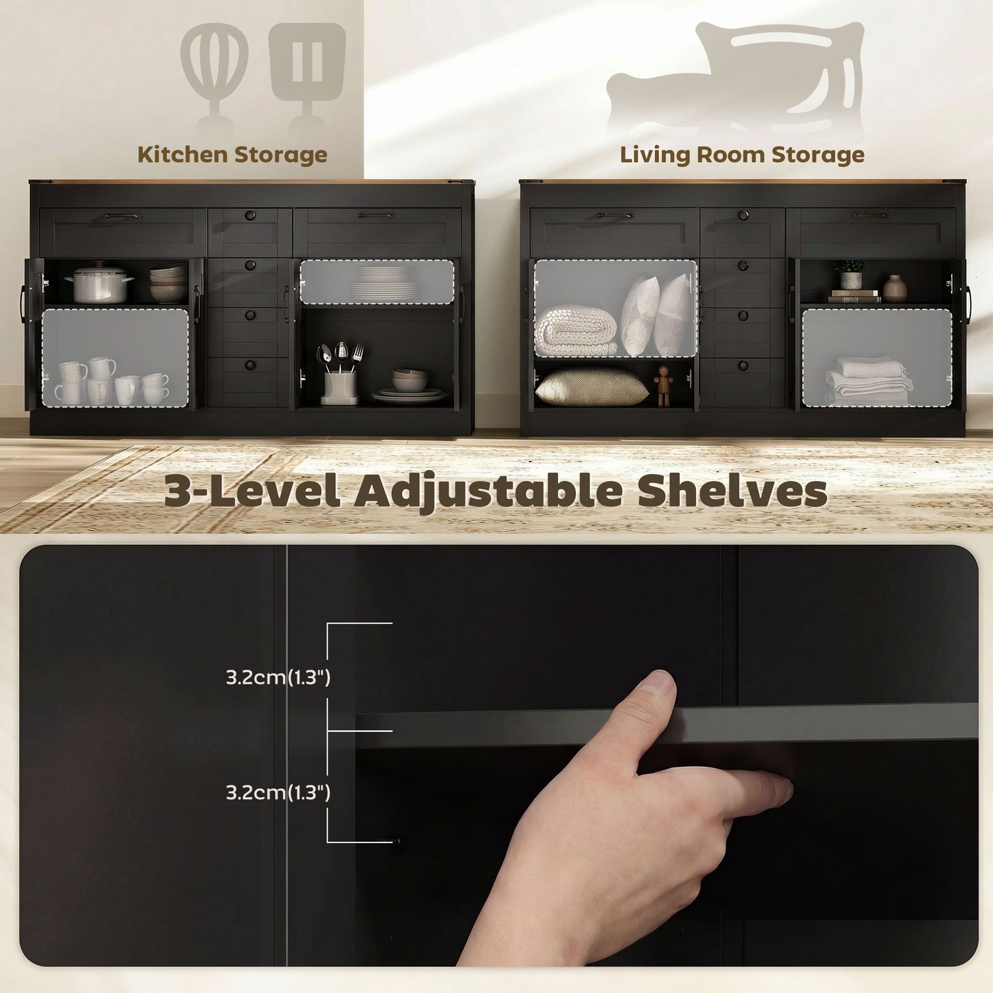 Sideboard Buffet Cabinet, 55" Farmhouse Kitchen Cabinet with 4 Barn Doors, 6 Drawers and 2 Adjustable Shelves, Black