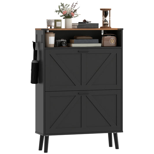 Shoe Storage Cabinet with 2 Flip Drawers, Farmhouse Narrow Shoe Cabinet, Holds Up to 16 Pairs, Black