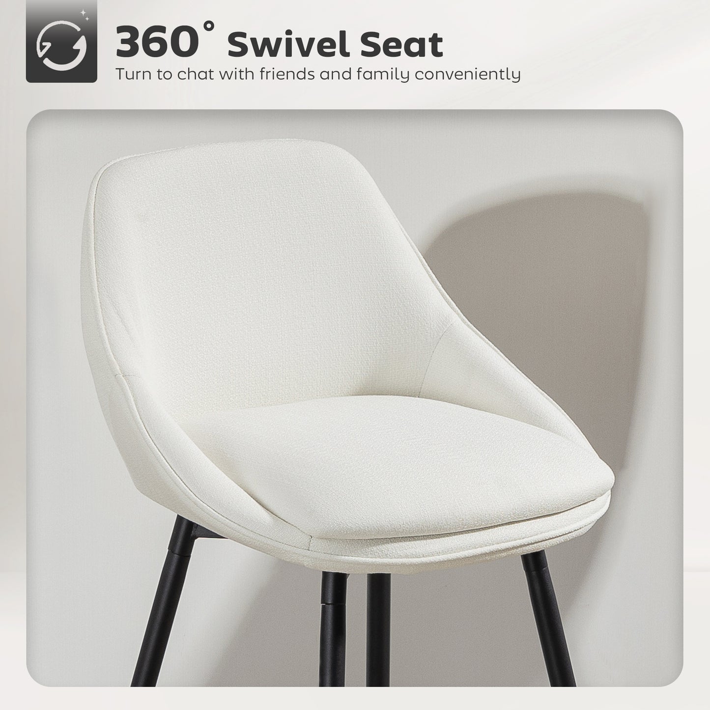 26" Counter Height Barstools Set of 2, Upholstered Swivel Bar Stools with Backrests and Armrests, Cream White