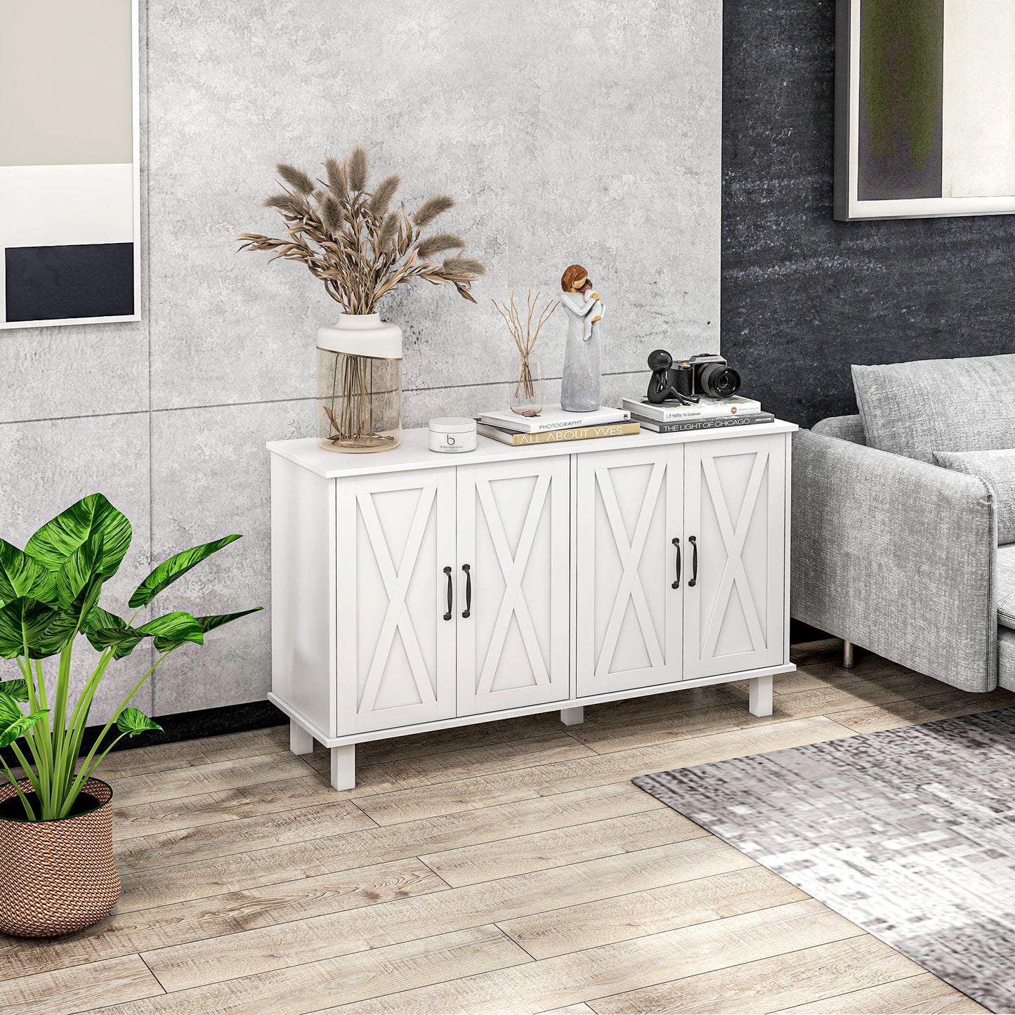 Kitchen Sideboard Cabinet with 4 Barn Doors and 2 Adjustable Shelves, Buffet Table for Living Room, Hallway, White
