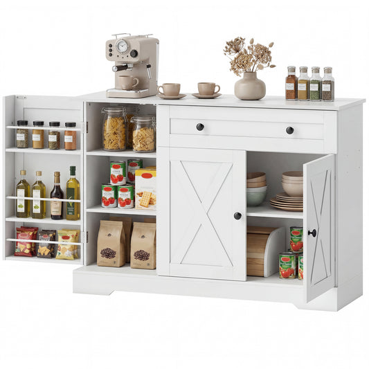 Sideboard Buffet Cabinet, Farmhouse Coffee Bar Cabinet with Door Shelves, Adjustable Shelves, Drawer, Barn Doors, White