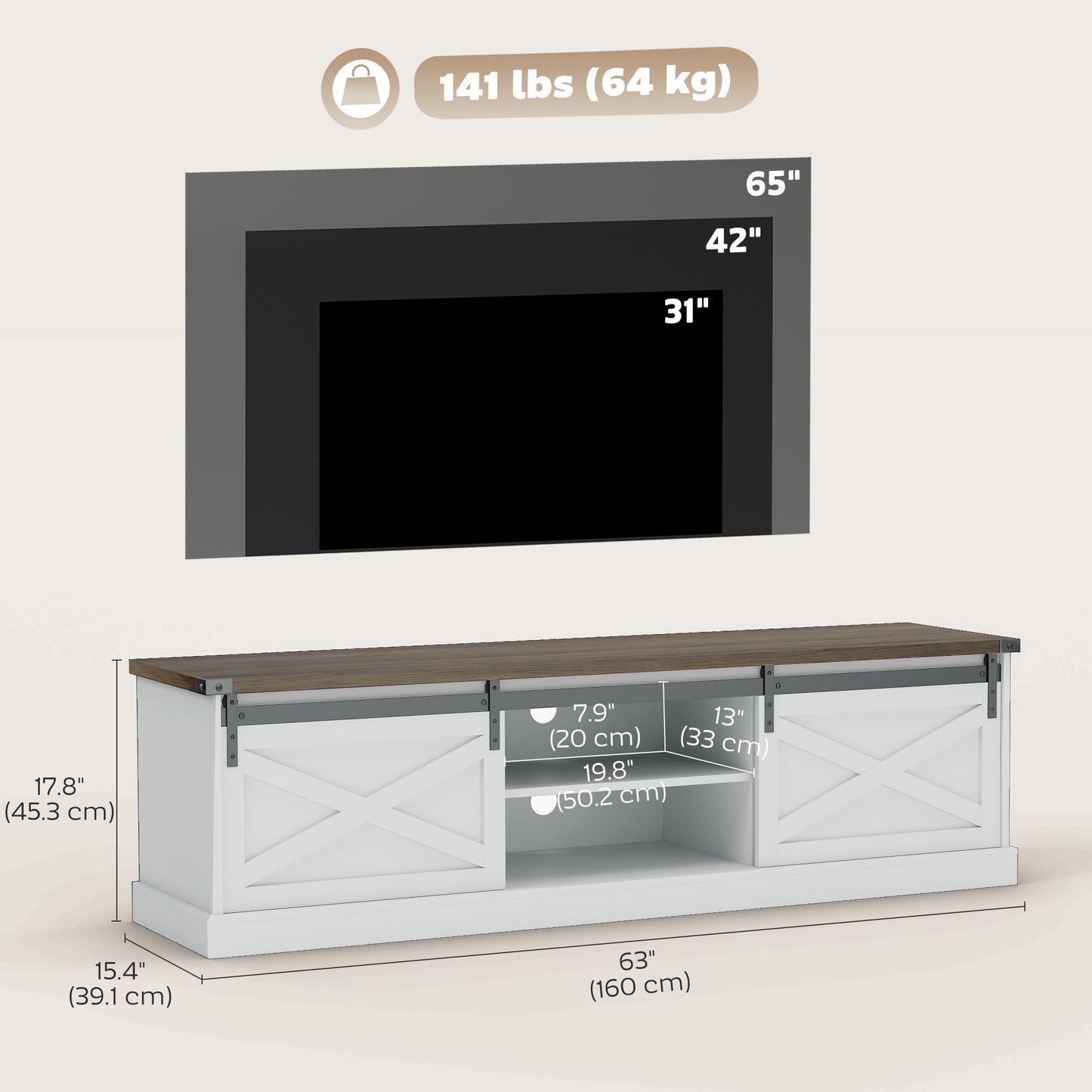TV Stand for TVs up to 65 Inch, Entertainment Center with Shelves, Cabinets, Sliding Barn Doors, Thick Top, White
