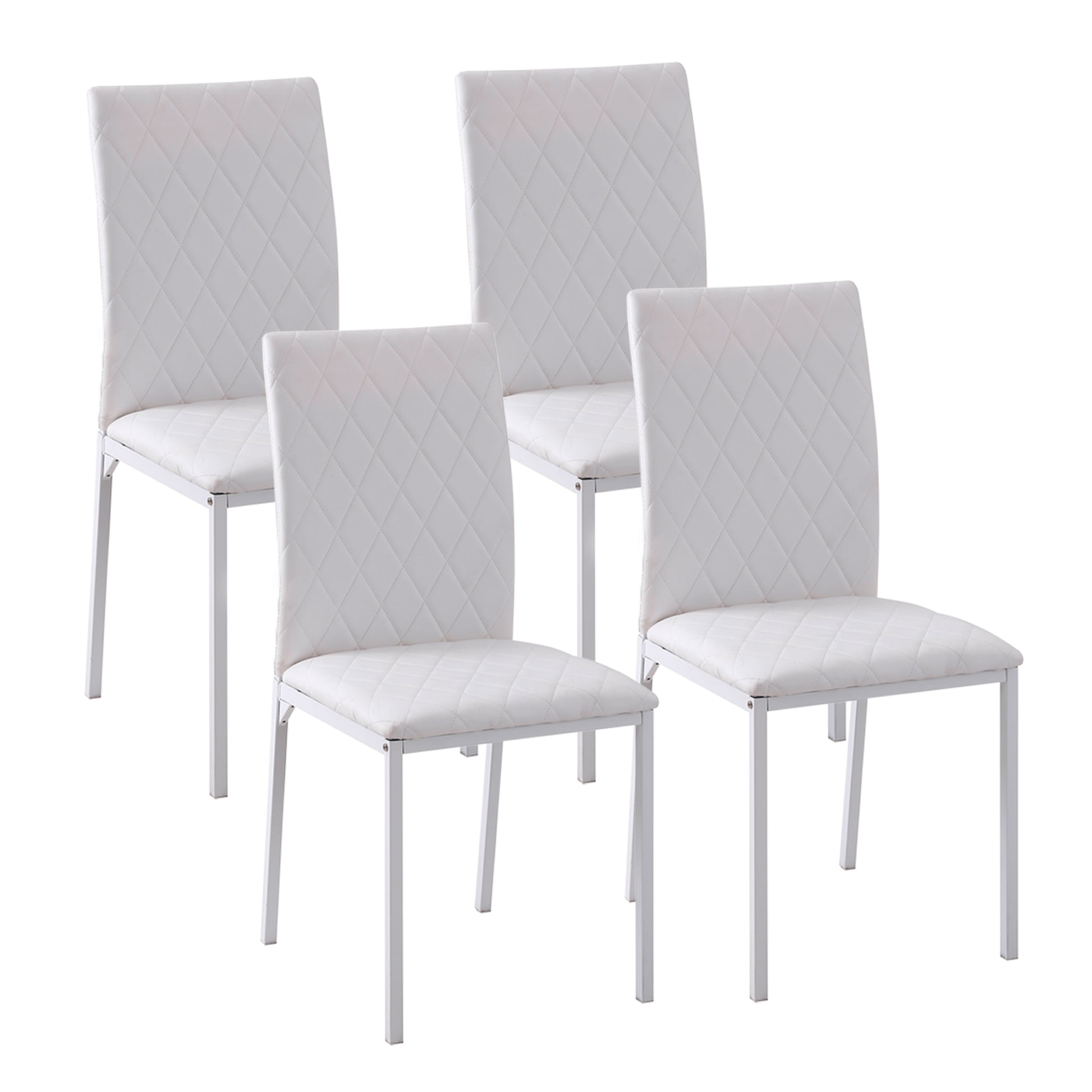 Modern Dining Chairs Set of 4, Upholstered Faux Leather Kitchen Chairs with Rhombic Tufting and Metal Legs for Living Room, White