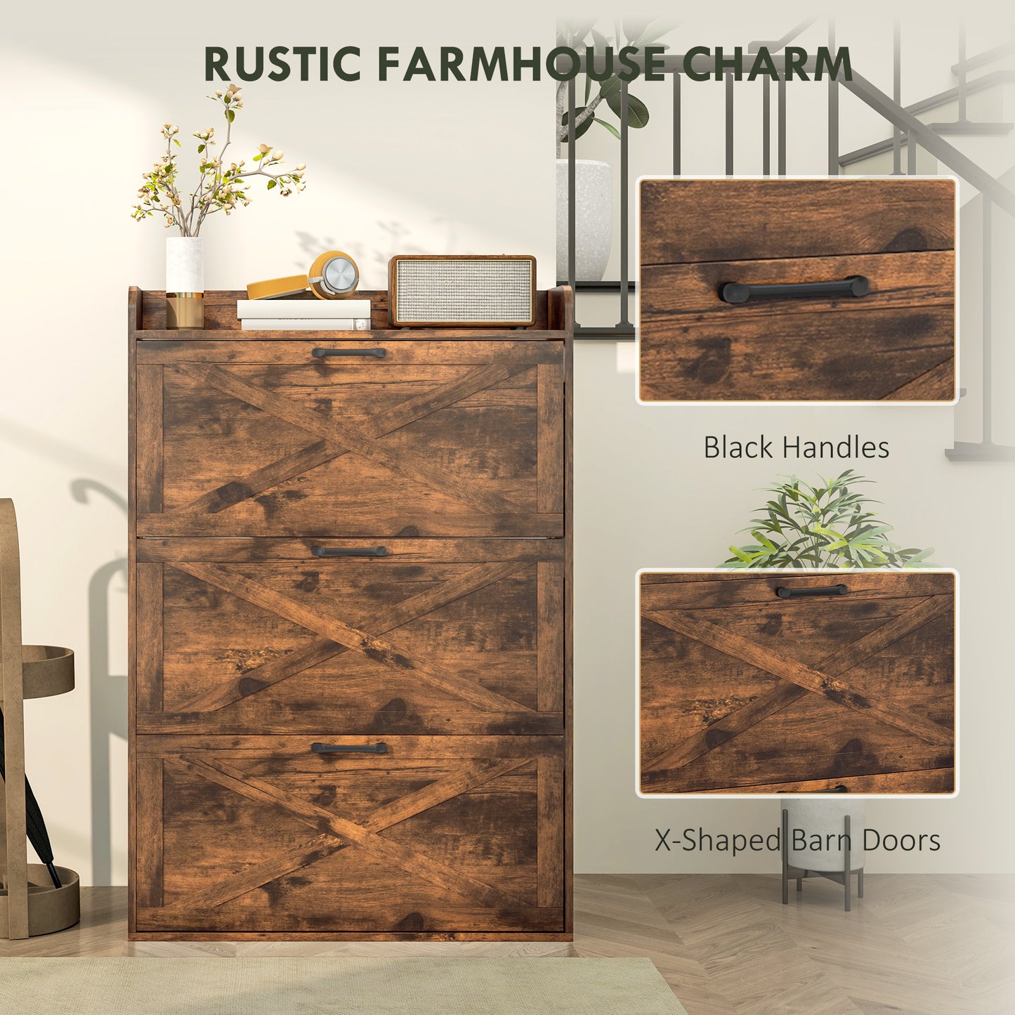 Narrow Shoe Storage Cabinet Farmhouse Shoe Cabinet with 3 Flip Drawers Adjustable Shelves for Entryway Rustic Brown