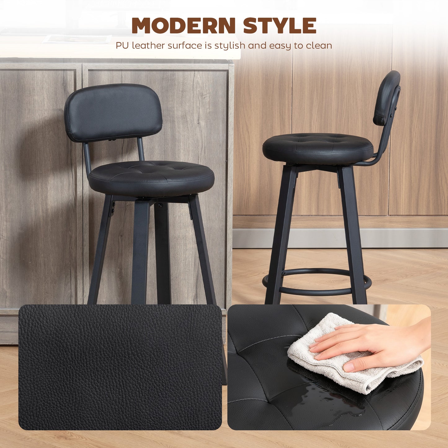 Bar Stools Set of 2, Upholstered Breakfast Bar Chairs with Footrest and Backrest for Kitchen Counter, Black