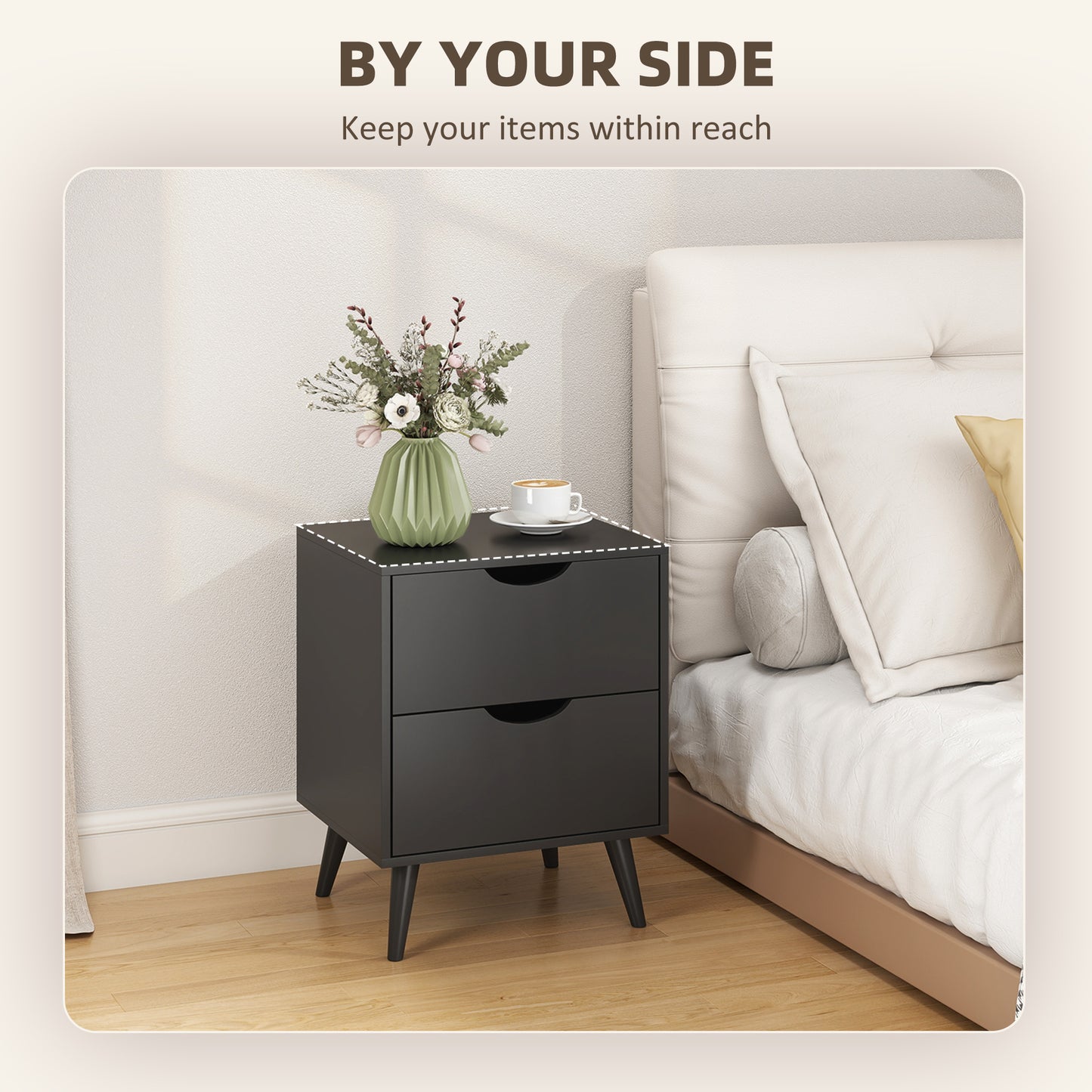 Modern Bedside Table Set of 2, Nightstand with 2 Drawers and Pine Wood Legs for Bedroom, Living Room, Black