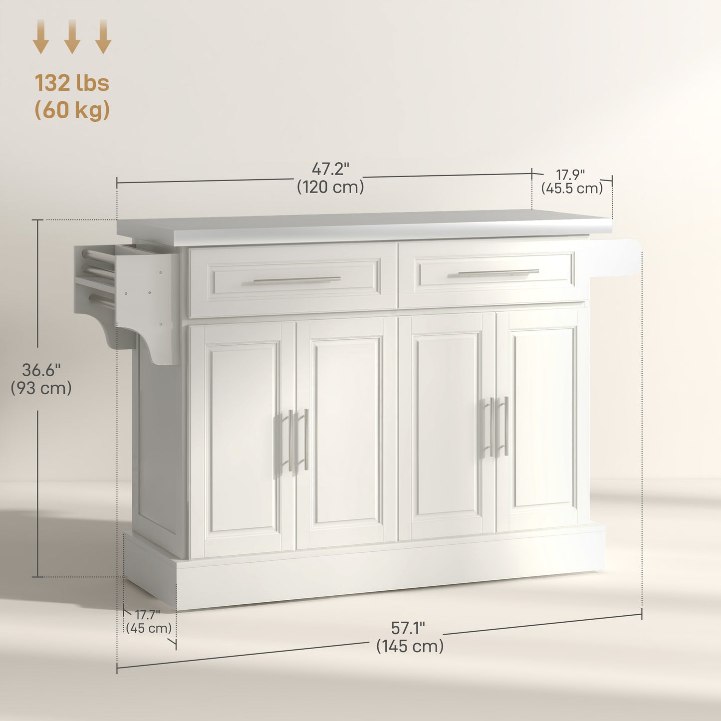 Rolling Kitchen Island with Storage and Stainless Steel Top, Kitchen Trolley with Drawers, Cabinets, Towel Rack, Cream